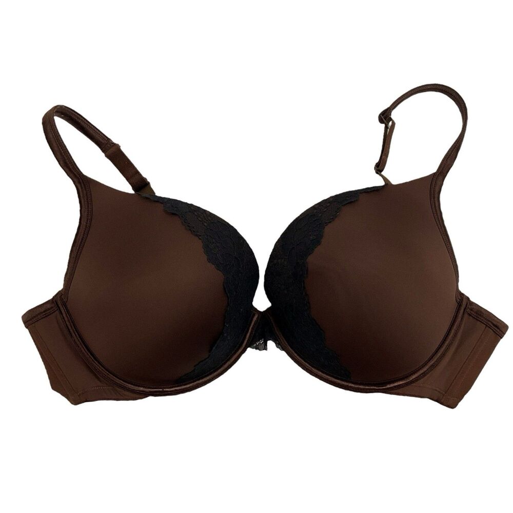 Cacique 44C Chocolate Brown/Black Lace Padded Underwire Boost Plunge Push Up Bra